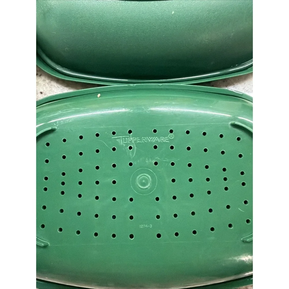 Vintage Tupperware Microwave Steamer Green & White 3 Piece Set